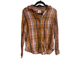 Plaid Button-Up Shirt M So Orange/Blue Cotton & Modal